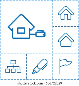 Site icon. set of 6 site outline icons such as house building, structure, home, pen