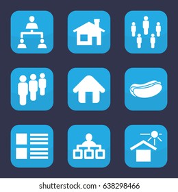 Site icon. set of 9 filled site icons such as house building, structure, hot dog, house under sun, home, group