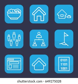 Site icon. set of 9 outline site icons such as house building, browser, structure, food, home, binary code, flag