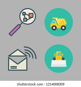 site icon set. vector set about rss feed, bulldozer, dump truck and search icons set.