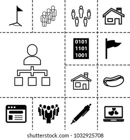 Site icons. set of 13 editable filled and outline site icons such as pen, flag, browser, binary code, house building, hot dog, group, structure