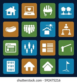 site icons set. Set of 16 site filled icons such as house building, helmet, hot dog, house under sun, laptop with heart, browser, structure, home, barrier, flag, binary code