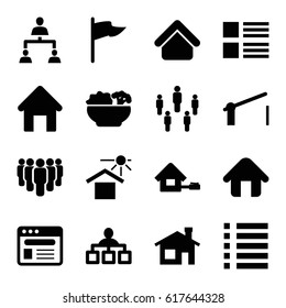Site icons set. set of 16 site filled icons such as house building, structure, house under sun, browser, menu, home, barrier, food, group