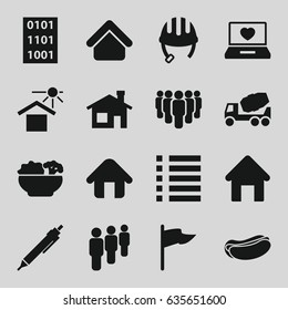 Site icons set. set of 16 site filled icons such as house building, helmet, pen, concrete mixer, hot dog, house under sun, laptop with heart, menu, home, food, binary code