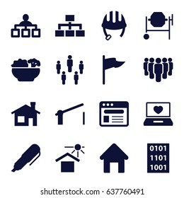 Site icons set. set of 16 site filled icons such as house building, helmet, structure, concrete mixer, house under sun, laptop with heart, browser, barrier, food, pen