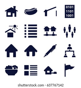 Site icons set. set of 16 site filled icons such as house building, pen, hot dog, house under sun, menu, structure, home, barrier, food, binary code, group