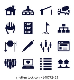 Site icons set. set of 16 site filled icons such as house building, helmet, structure, pen, concrete mixer, laptop with heart, browser, menu, barrier, flag, binary code, group