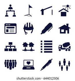 Site icons set. set of 16 site filled icons such as house building, helmet, pen, concrete mixer, structure, house under sun, laptop with heart, browser, menu, barrier, flag