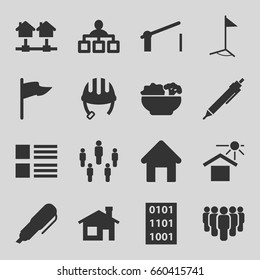 Site icons set. set of 16 site filled icons such as house building, helmet, structure, pen, house under sun, barrier, food, flag, binary code, group, menu