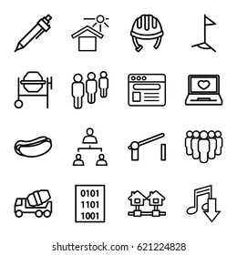 Site icons set. set of 16 site outline icons such as helmet, pen, concrete mixer, hot dog, house under sun, laptop with heart, browser, structure, barrier, binary code, flag