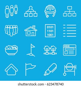 Site icons set. set of 16 site outline icons such as house building, helmet, structure, concrete mixer, browser, menu, food, pen, binary code, flag, home