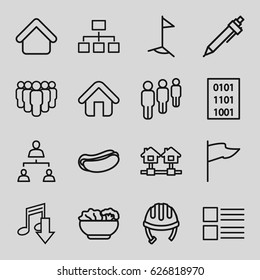 Site icons set. set of 16 site outline icons such as house building, helmet, pen, hot dog, structure, home, food, binary code, flag, menu, eating mouth