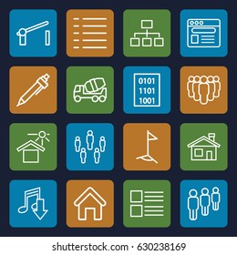 Site icons set. set of 16 site outline icons such as house building, pen, concrete mixer, structure, house under sun, browser, menu, barrier, binary code, flag, eating mouth