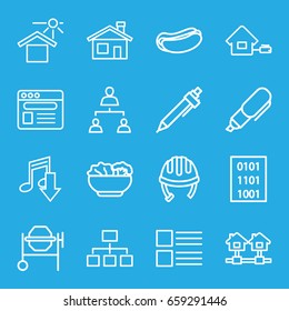 Site icons set. set of 16 site outline icons such as house building, helmet, pen, concrete mixer, hot dog, structure, house under sun, browser, food, home, binary code, menu