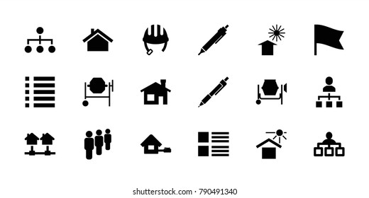 Site icons. set of 18 editable filled site icons: house building, helmet, structure, pen, concrete mixer, menu, house under sun, group, home