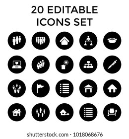 Site icons. set of 20 editable filled site icons such as house building, flag, structure, laptop with heart, group, menu, home. best quality site elements in trendy style.