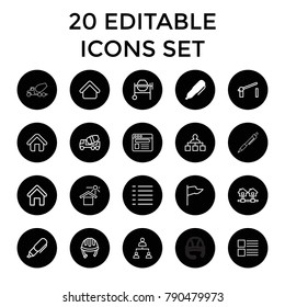 Site icons. set of 20 editable outline site icons such as pen, house building, helmet, structure, concrete mixer, menu, flag. best quality site elements in trendy style.