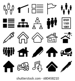Site icons set. set of 25 site filled and outline icons such as house building, pen, concrete mixer, structure, house under sun, home, barrier, group, binary code, menu, flag