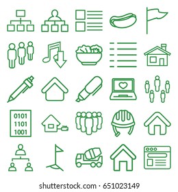Site icons set. set of 25 site outline icons such as house building, helmet, structure, pen, concrete mixer, hot dog, laptop with heart, browser, menu, home, food, binary code