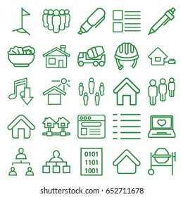 Site icons set. set of 25 site outline icons such as house building, helmet, structure, pen, concrete mixer, house under sun, laptop with heart, browser, menu, home, food