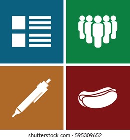site icons set. Set of 4 site filled icons such as pen, hot dog, group