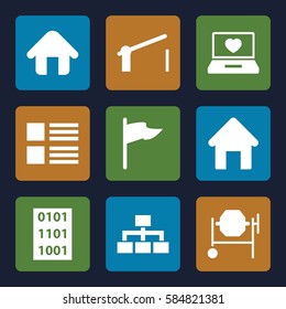site icons set. Set of 9 site filled icons such as house building, concrete mixer, structure, laptop with heart, home, barrier, binary code, flag