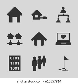 Site icons set. set of 9 site filled icons such as house building, laptop with heart, structure, home, flag, binary code
