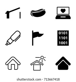 Site icons set. set of 9 site filled and outline icons such as house building, hot dog, laptop with heart, barrier, binary code, house under sun, home, pen