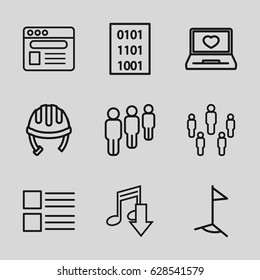 Site icons set. set of 9 site outline icons such as helmet, laptop with heart, browser, binary code, flag, menu, eating mouth
