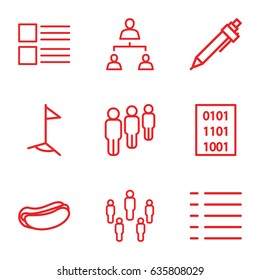Site icons set. set of 9 site outline icons such as pen, hot dog, menu, structure, binary code, flag