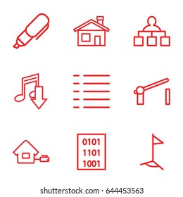 Site icons set. set of 9 site outline icons such as house building, structure, menu, barrier, home, pen, binary code, flag