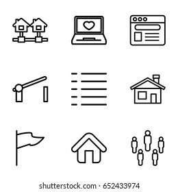 Site icons set. set of 9 site outline icons such as house building, laptop with heart, browser, menu, home, barrier, flag