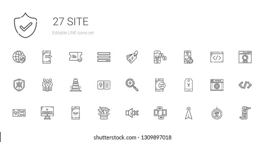 site icons set. Collection of site with cursor, smartphone, mute, hat, video player, ticket, tag, zoom in, menu, traffic cone, group, security. Editable and scalable site icons.