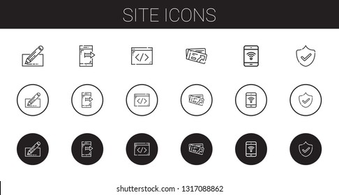 site icons set. Collection of site with edit, smartphone, coding, ticket, mobile phone, security. Editable and scalable site icons.