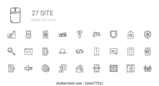 site icons set. Collection of site with menu, smartphone, tickets, user list, internet, mute, ticket, tag, coding, hat, zoom in, security, mouse. Editable and scalable site icons.