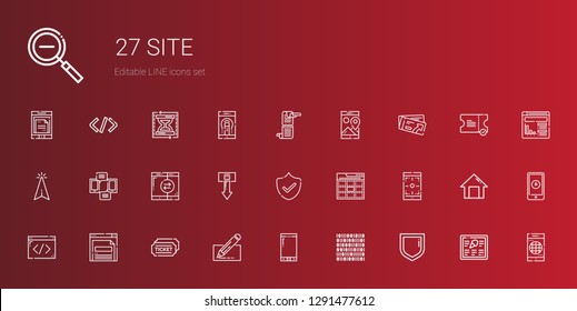 site icons set. Collection of site with security, binary code, smartphone, edit, tickets, browser, coding, web, download, cursor, ticket, scroll. Editable and scalable site icons.