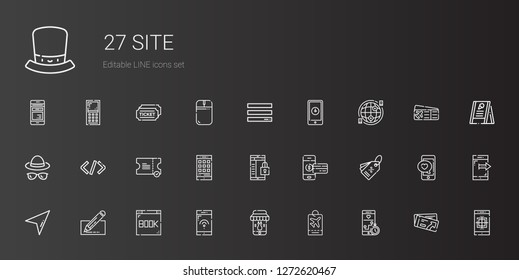 site icons set. Collection of site with smartphone, tag, browser, edit, cursor, ticket, coding, hat, internet, menu, plane ticket, mouse, tickets. Editable and scalable site icons.