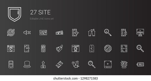 site icons set. Collection of site with video player, zoom out, mouse, ticket, upload, hat, smartphone, silent, tag, browser, mobile phone, zoom in. Editable and scalable site icons.