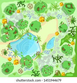 Site improvement  Landscape and tourist camp in the forest. (Top view) Pond, stones, trees, plants,  lake, beach. (View from above). Terrain design. Vector illustration. 