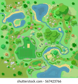 Site Improvement  Landscape And Tourist Camp In The Forest. (Top View) Mountains, Stones,  Hills, River, Trees, Plants, Boats, Lake, Beach. (View From Above). Terrain Design. Vector Illustration. 