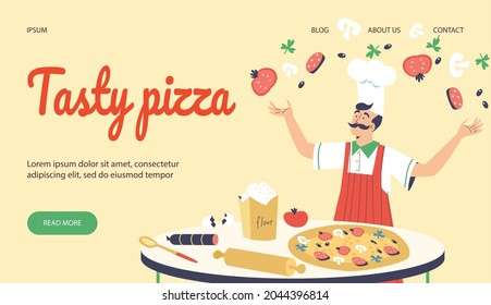 Site layout with chief cook preparing tasty italian pizza, flat vector illustration. Web page interface for italian pizzeria and national cuisine restaurant.