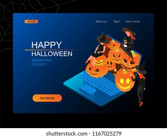 Site layout, landing page with witches and pumpkins for Halloween. Isometric 3D