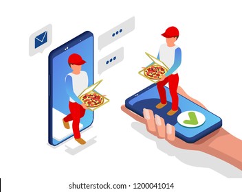 Site layout for ordering pizza online via smartphone and delivery 24/7. Pizza courier in uniform with hot tasty pizza in hand. Isometric 3d