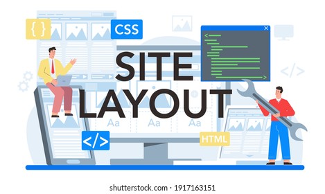 Site layout typographic header. Web development, mobile app design and optimization. People building user interface template. Computer technology. Flat vector illustration