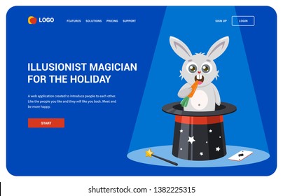 site for magicians. hat tutorial landing page. vector illustration of a rabbit with a carrot.