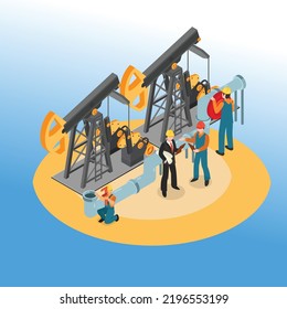 Site manager and engineers working at oil rig isometric 3d vector illustration concept for banner, website, illustration, landing page, flyer, etc.
