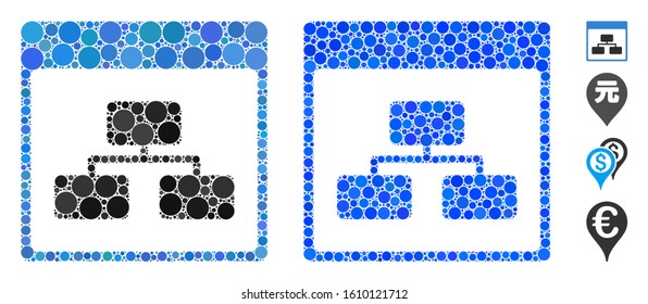 Site map mosaic of round dots in different sizes and color tinges, based on site map icon. Vector dots are grouped into blue mosaic. Dotted site map icon in usual and blue versions.