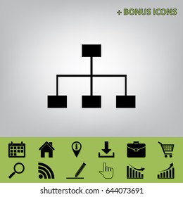 Site map sign. Vector. Black icon at gray background with bonus icons at celery ones
