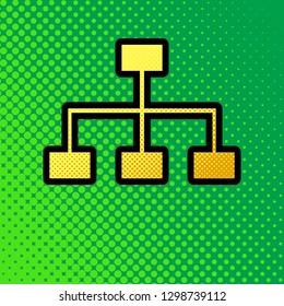 Site map sign. Vector. Pop art orange to yellow dots-gradient icon with black contour at greenish background.