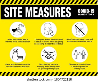 Site Measures Mandatory Or Site Safety Sign Or Health And Safety Protocols On Construction Site Or Best Practices New Normal Lifestyle Concept. 